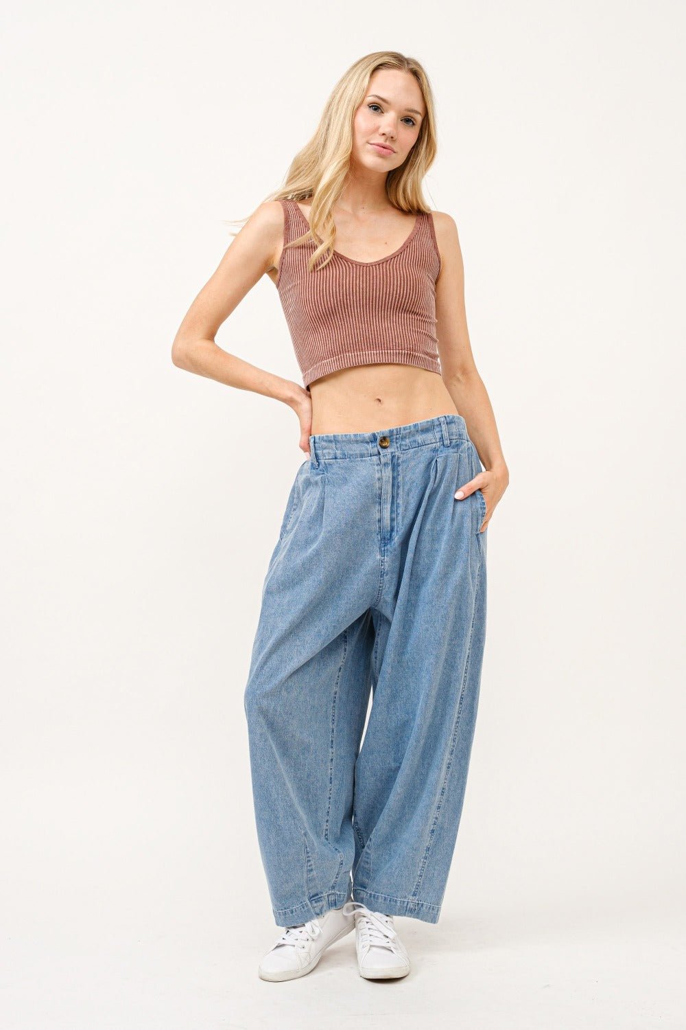 And the Why - Medium Wash Pleated Loose Fit Jeans