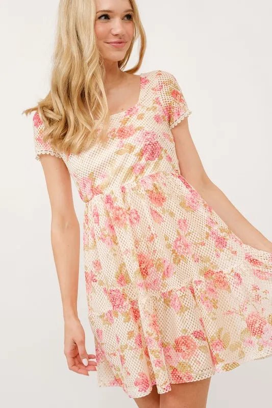 And the Why - Mesh Floral Mini Dress in Cream & Pink
