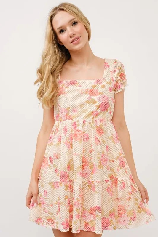 And the Why - Mesh Floral Mini Dress in Cream & Pink