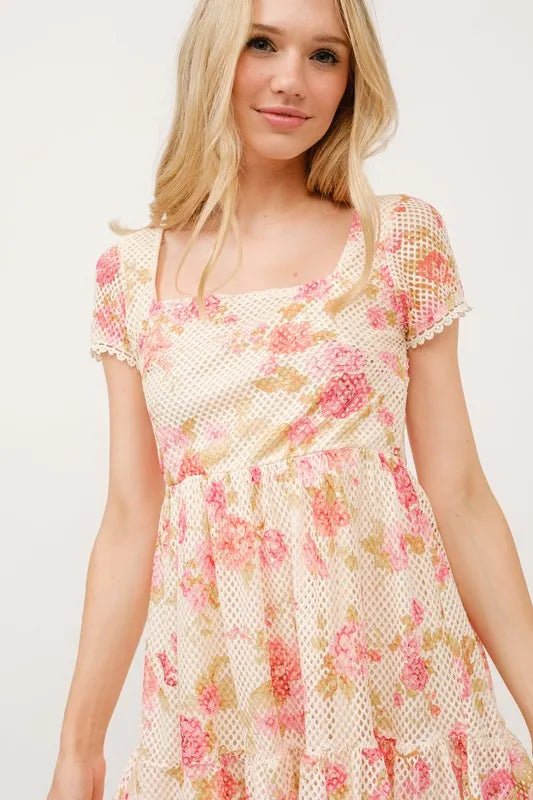 And the Why - Mesh Floral Mini Dress in Cream & Pink