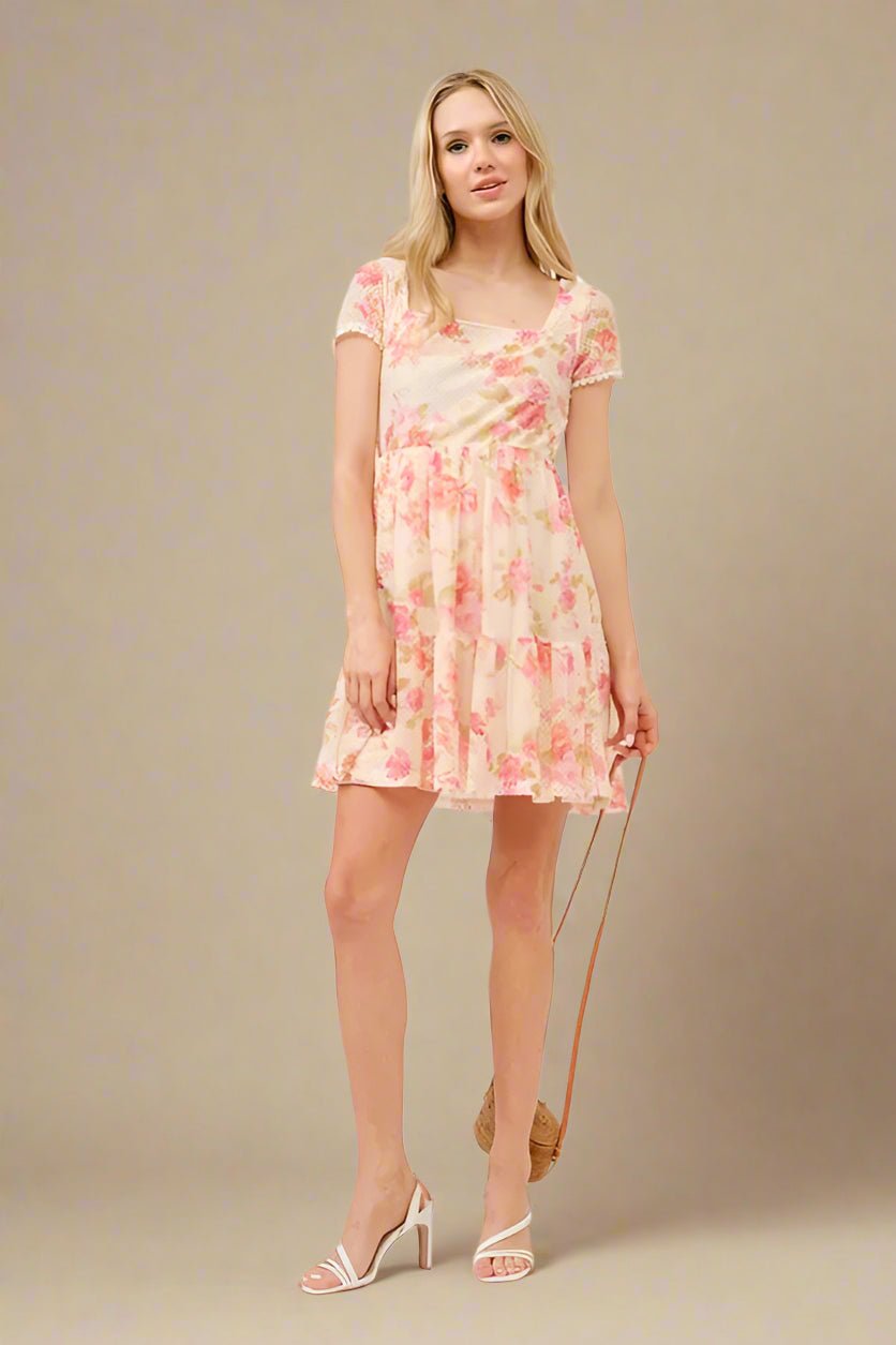 And the Why - Mesh Floral Mini Dress in Cream & Pink