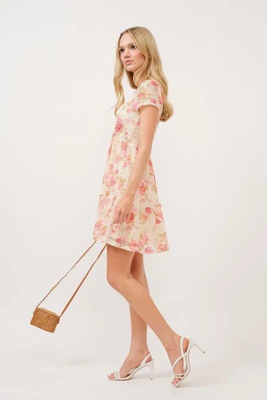 And the Why - Mesh Floral Mini Dress in Cream & Pink