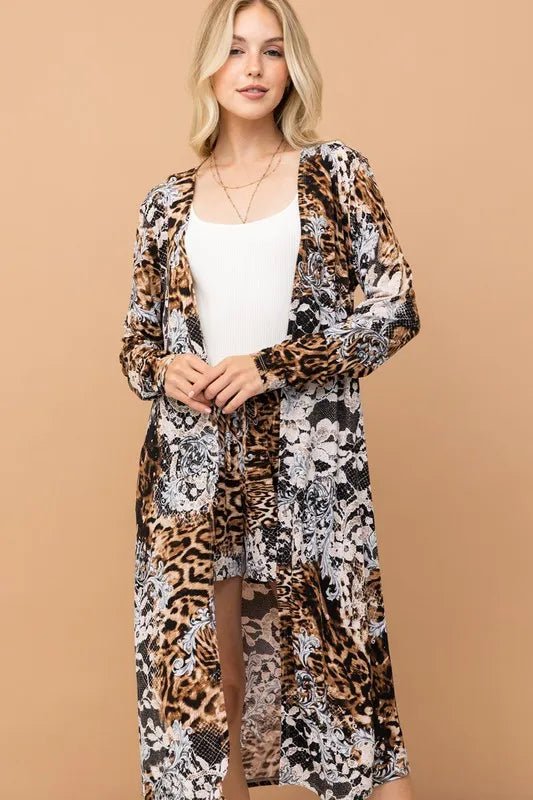 And the Why - Mixed Animal Print Duster and Shorts Set in Mocha Multi