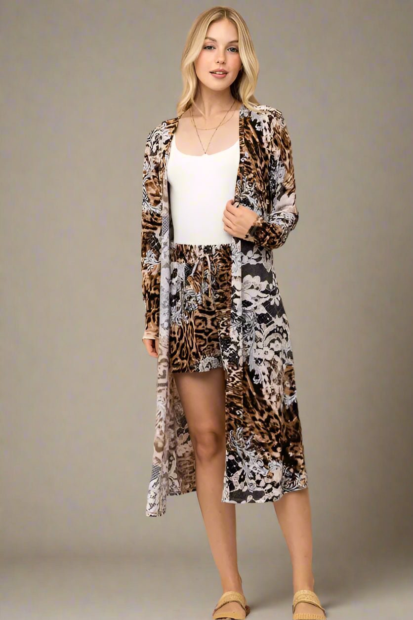 And the Why - Mixed Animal Print Duster and Shorts Set in Mocha Multi
