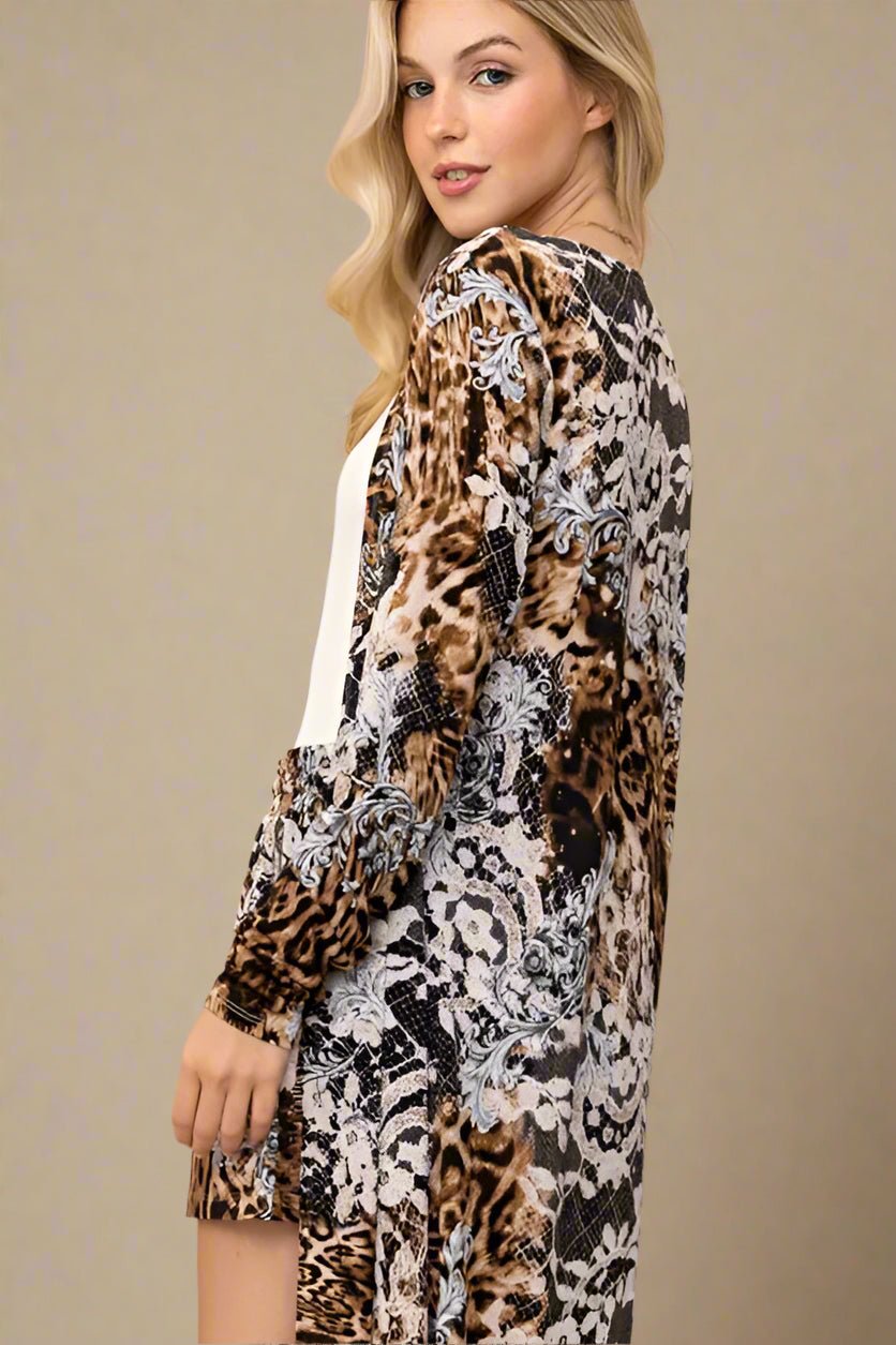 And the Why - Mixed Animal Print Duster and Shorts Set in Mocha Multi