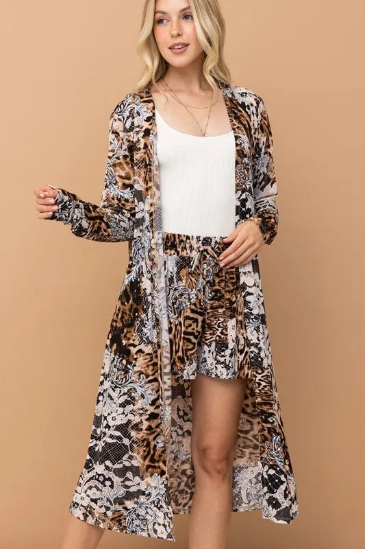 And the Why - Mixed Animal Print Duster and Shorts Set in Mocha Multi