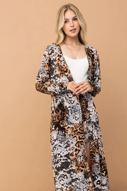 And the Why - Mixed Animal Print Duster and Shorts Set in Mocha Multi