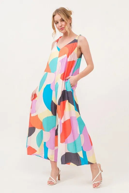 And the Why - Multicolor Abstract Leaf Wide Leg Jumpsuit