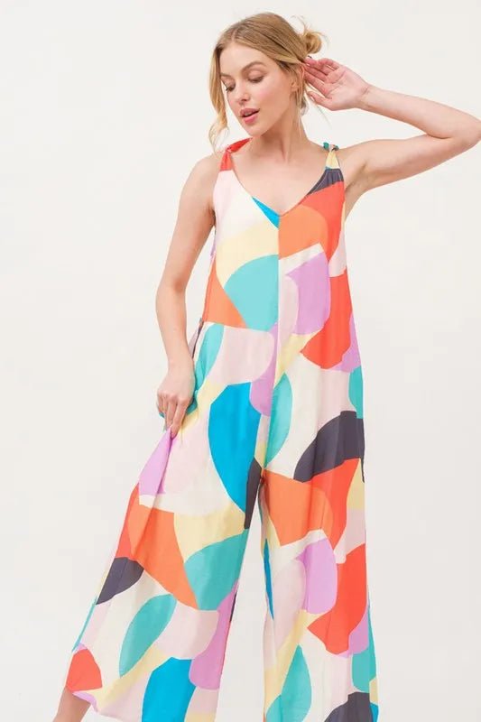 And the Why - Multicolor Abstract Leaf Wide Leg Jumpsuit