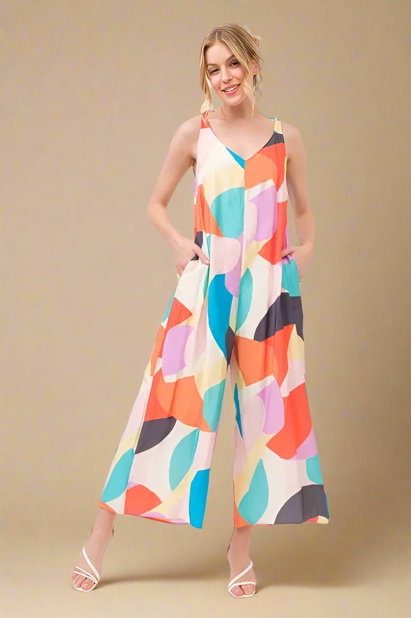 And the Why - Multicolor Abstract Leaf Wide Leg Jumpsuit