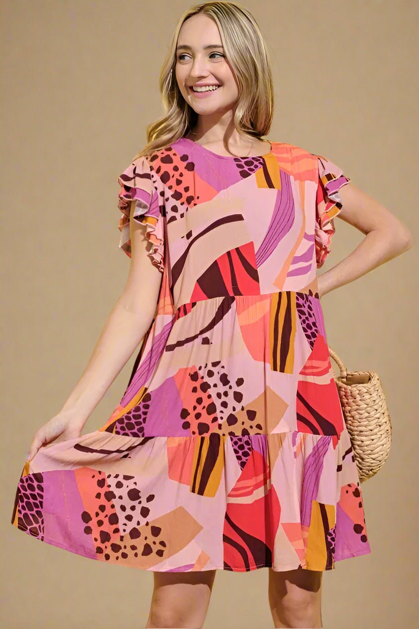 And the Why - Multicolor Abstract Ruffle Sleeve Tiered Mini Dress