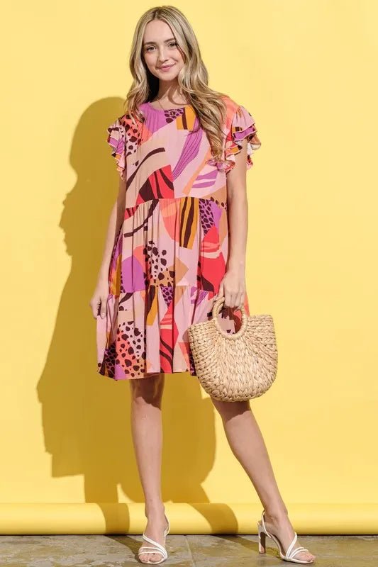 And the Why - Multicolor Abstract Ruffle Sleeve Tiered Mini Dress