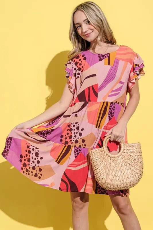 And the Why - Multicolor Abstract Ruffle Sleeve Tiered Mini Dress