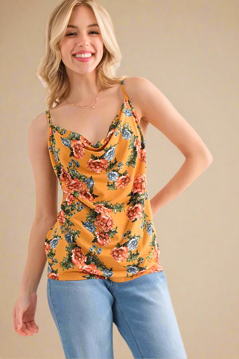And the Why - Mustard Floral Draped Cowl Neck Cami Top