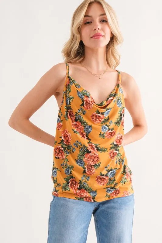 And the Why - Mustard Floral Draped Cowl Neck Cami Top