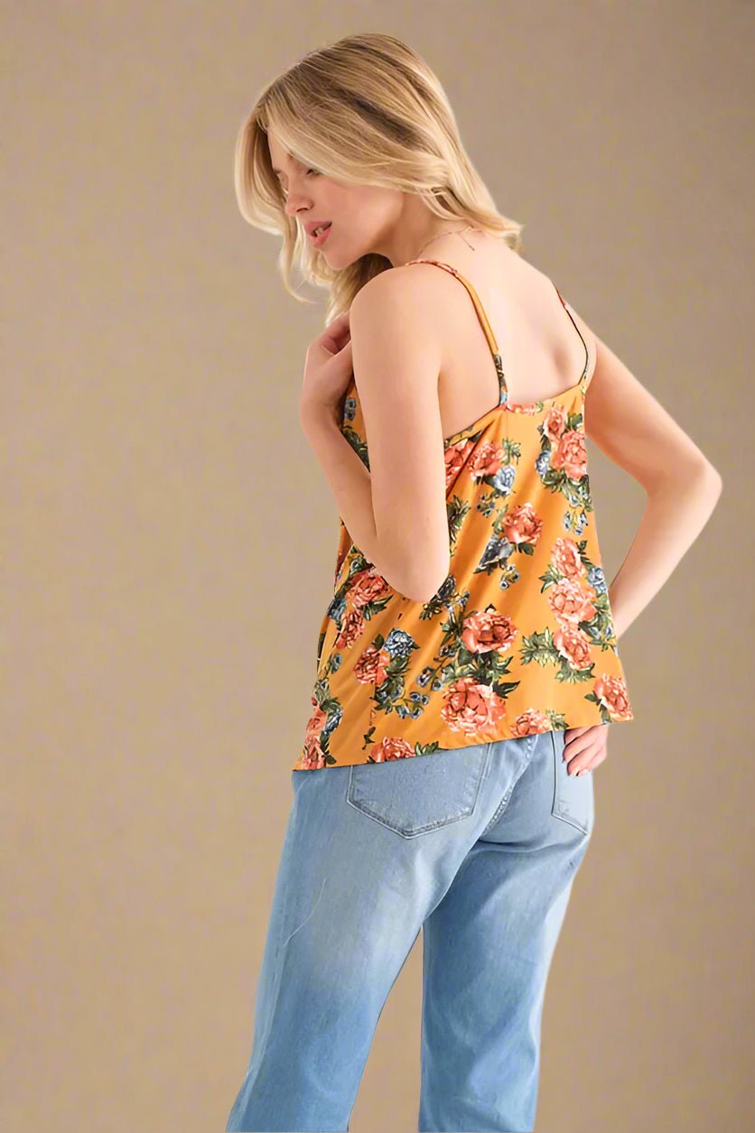 And the Why - Mustard Floral Draped Cowl Neck Cami Top