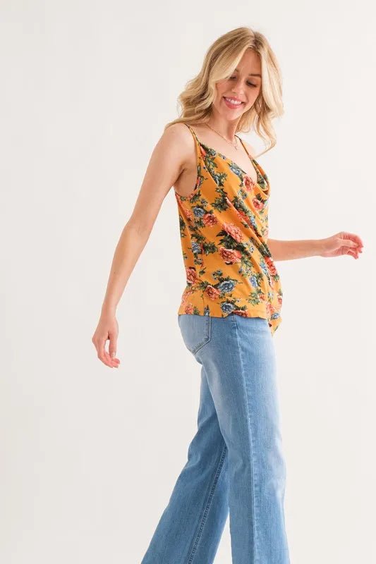 And the Why - Mustard Floral Draped Cowl Neck Cami Top