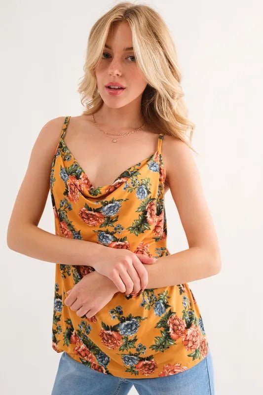 And the Why - Mustard Floral Draped Cowl Neck Cami Top