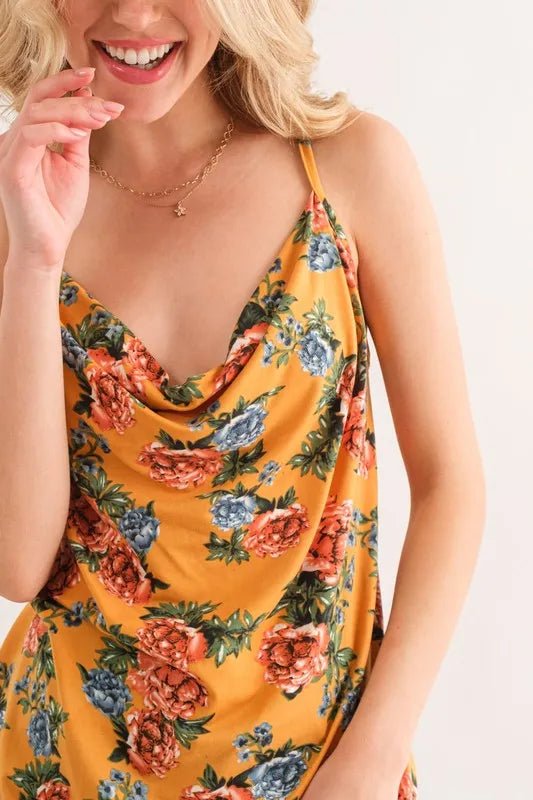 And the Why - Mustard Floral Draped Cowl Neck Cami Top