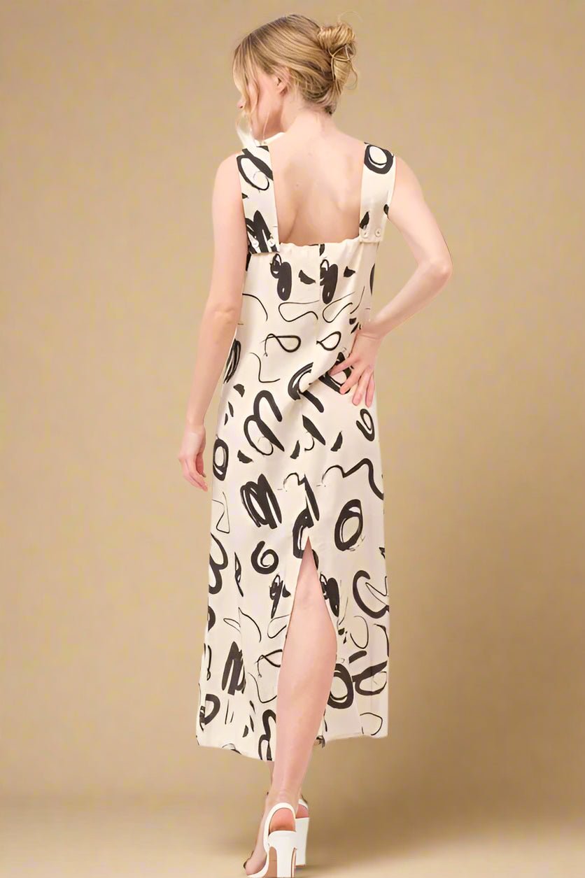 And the Why - Natural Abstract Scribble Print Midi Dress