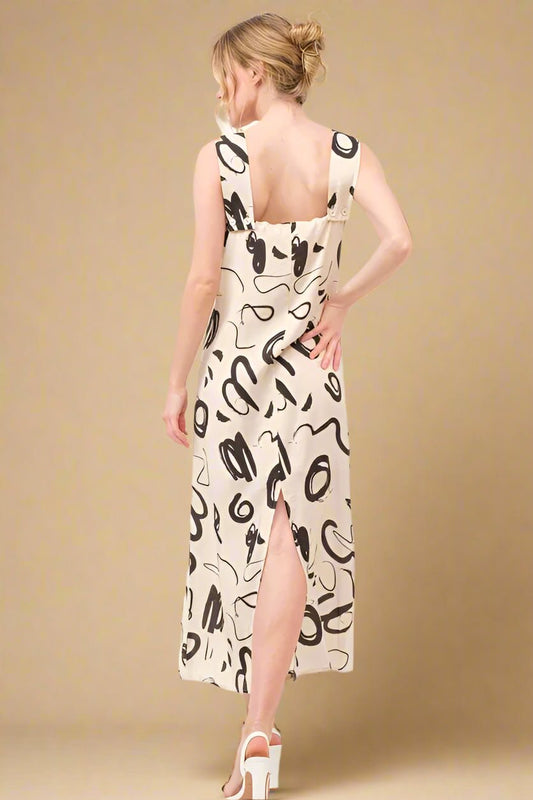 And the Why - Natural Abstract Scribble Print Midi Dress