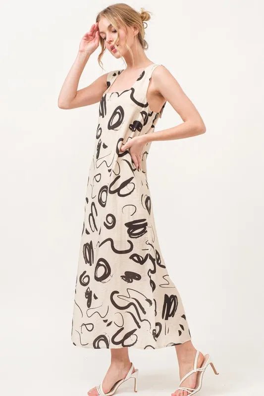 And the Why - Natural Abstract Scribble Print Midi Dress