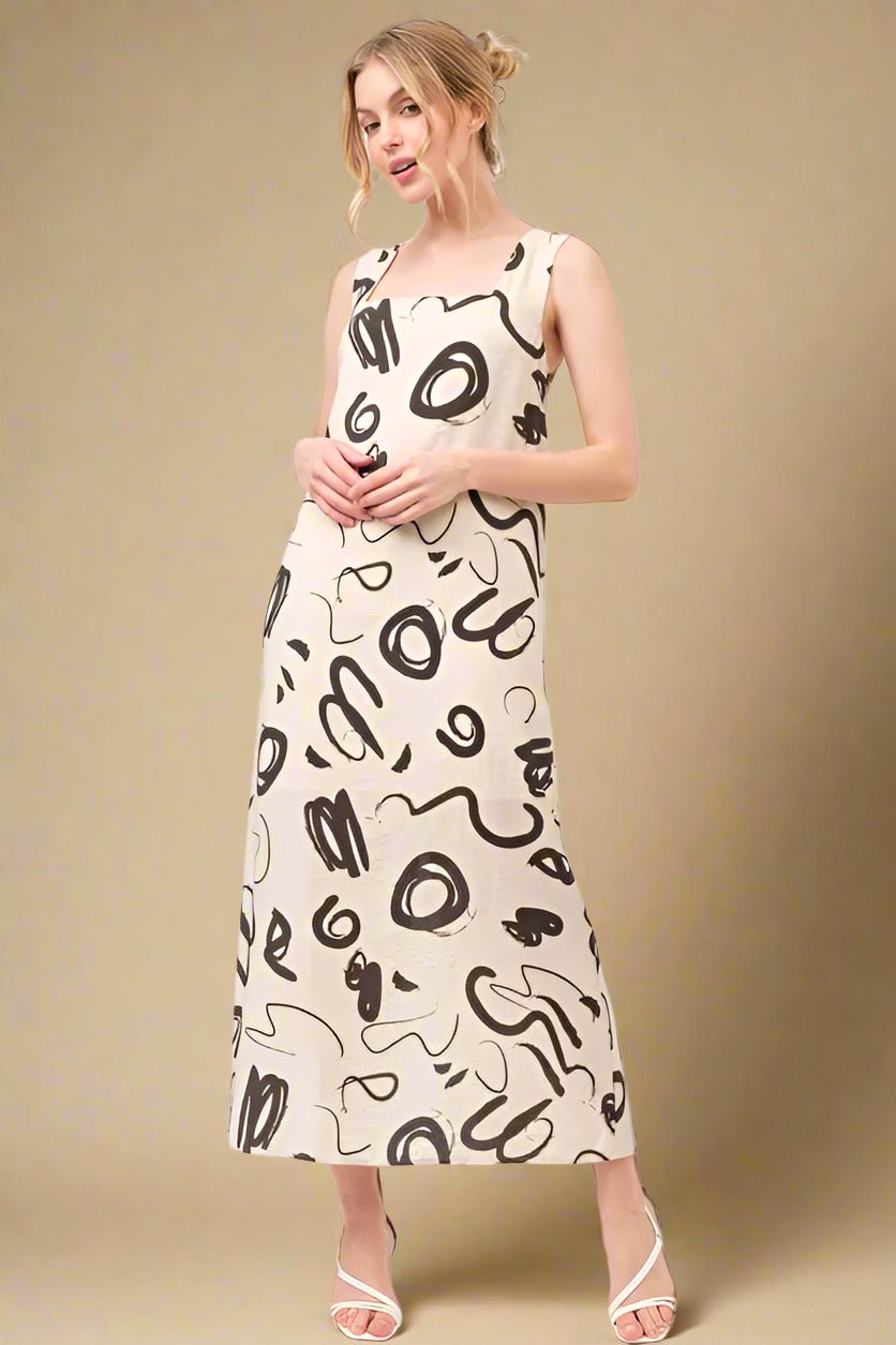 And the Why - Natural Abstract Scribble Print Midi Dress