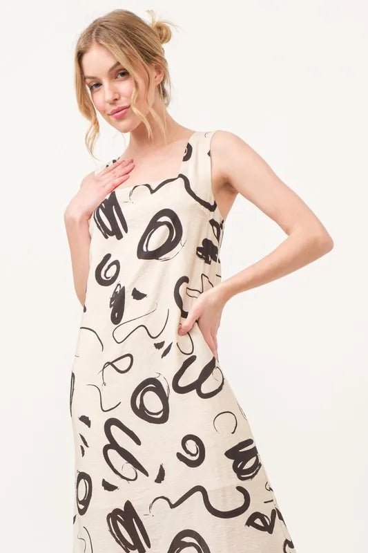 And the Why - Natural Abstract Scribble Print Midi Dress