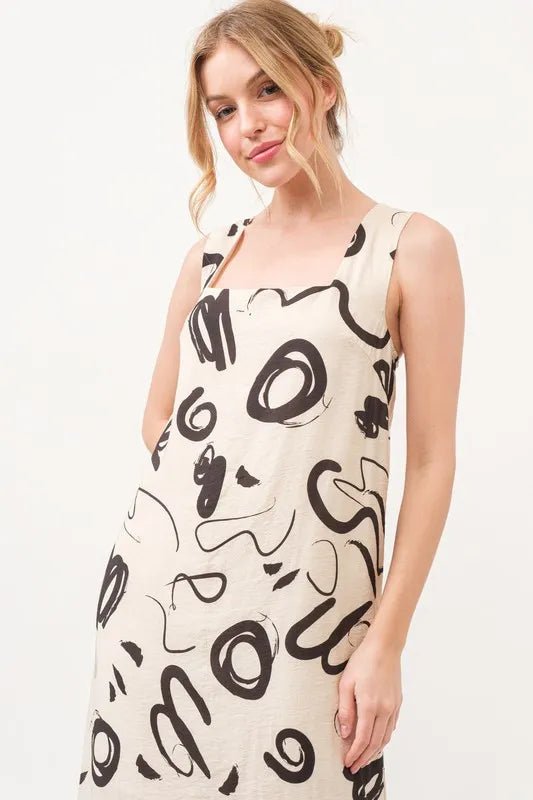 And the Why - Natural Abstract Scribble Print Midi Dress