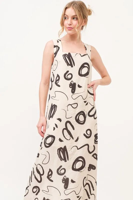 And the Why - Natural Abstract Scribble Print Midi Dress