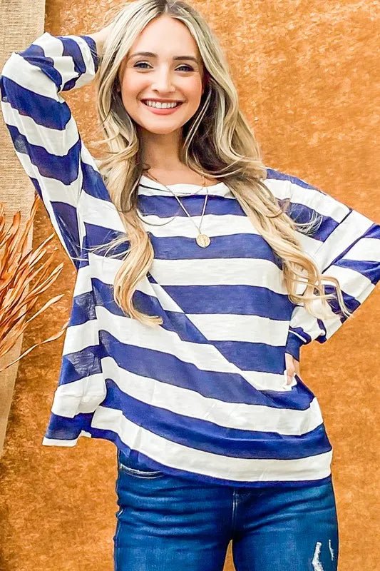 And the Why - Nautical Stripe Twist - Back Long Sleeve Top – Blue & White