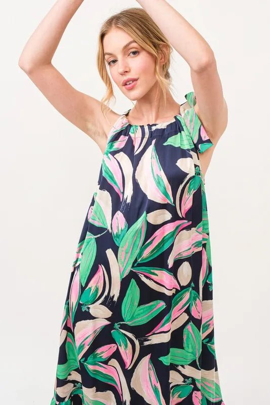 And the Why - Navy Tropical Leaf Print Tie - Shoulder Maxi Dress