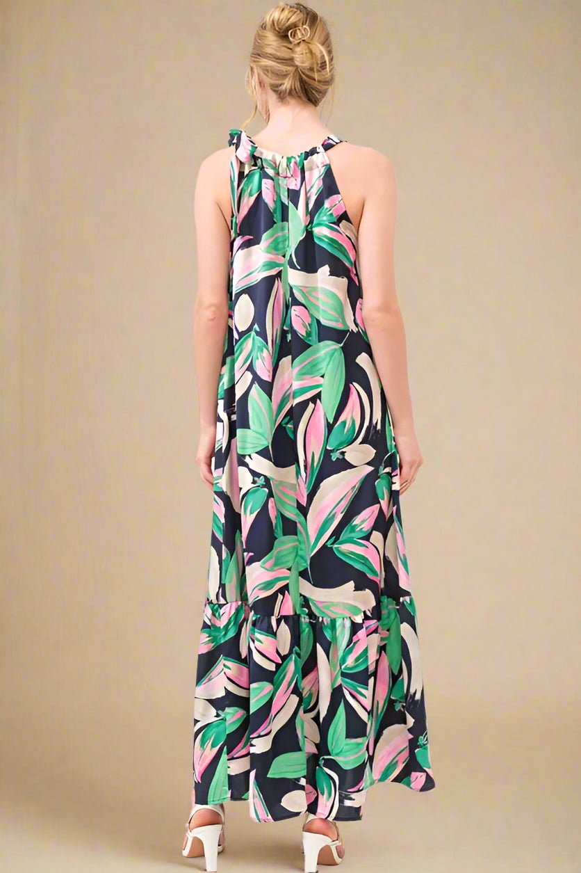 And the Why - Navy Tropical Leaf Print Tie - Shoulder Maxi Dress