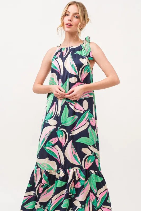 And the Why - Navy Tropical Leaf Print Tie - Shoulder Maxi Dress