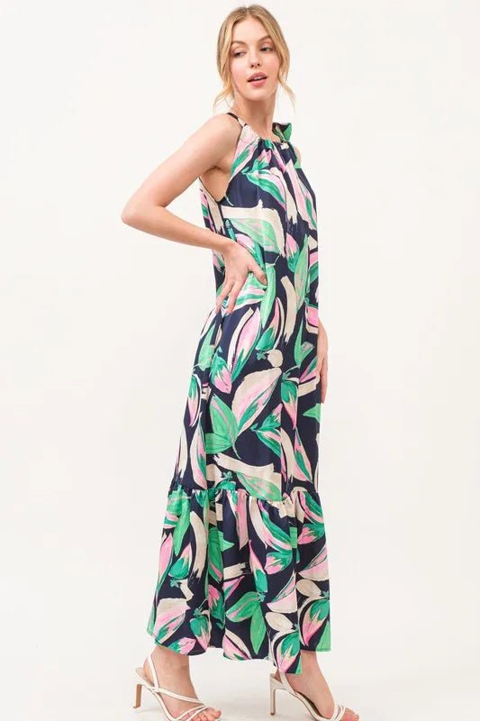 And the Why - Navy Tropical Leaf Print Tie - Shoulder Maxi Dress