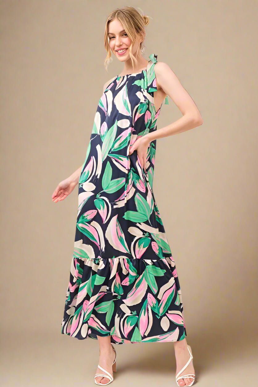 And the Why - Navy Tropical Leaf Print Tie - Shoulder Maxi Dress