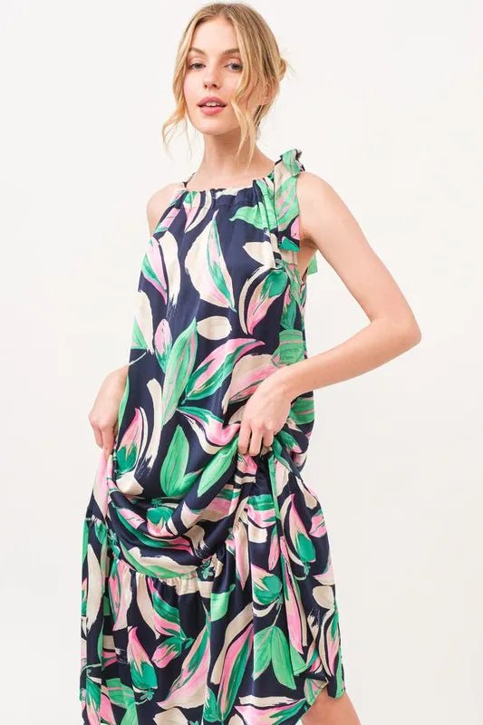 And the Why - Navy Tropical Leaf Print Tie - Shoulder Maxi Dress