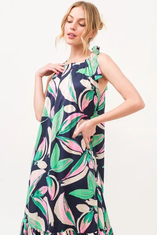 And the Why - Navy Tropical Leaf Print Tie - Shoulder Maxi Dress