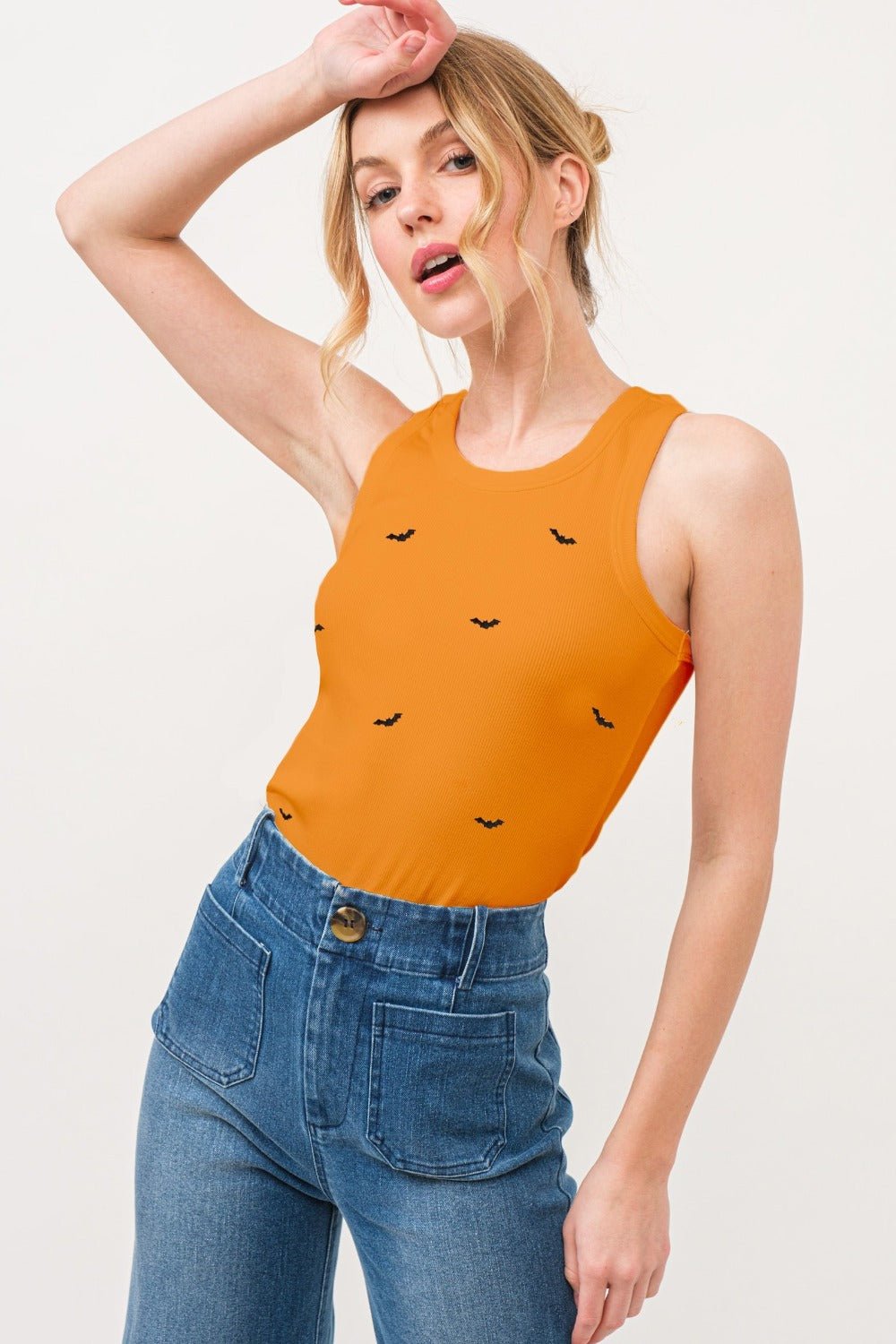 And the Why - Orange Bat Embroidered Rib Knit Tank Top