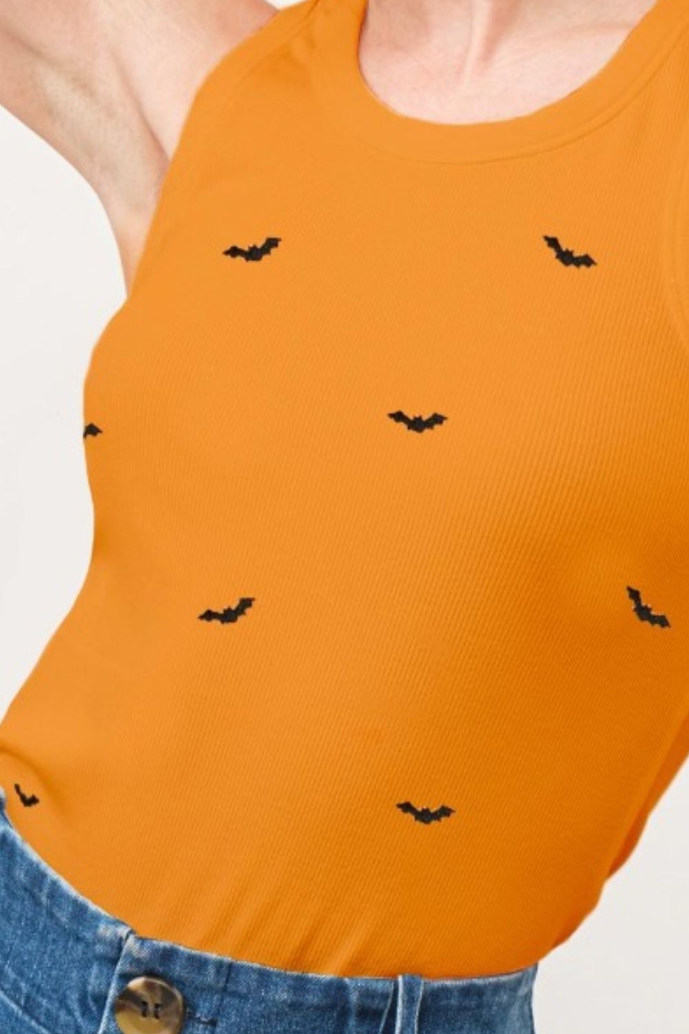 And the Why - Orange Bat Embroidered Rib Knit Tank Top