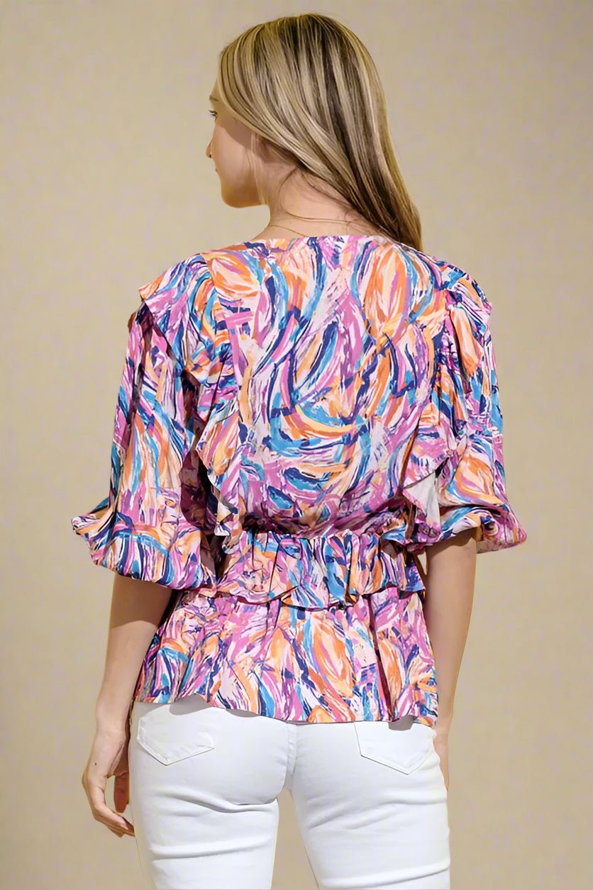 Painted Ruffles AND THE WHY Paint Stroke Ruffle Blouse in Pink Multi – Beach Rose Co.
