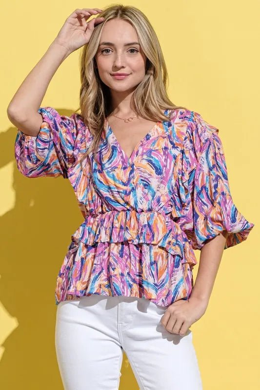Painted Ruffles AND THE WHY Paint Stroke Ruffle Blouse in Pink Multi – Beach Rose Co.