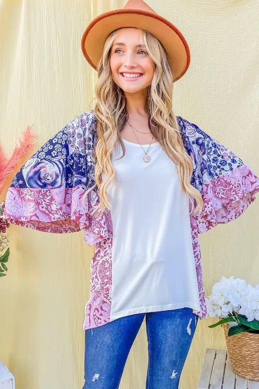 And the Why - Patchwork Print Kimono Sleeve Top in Navy & Rose Pink