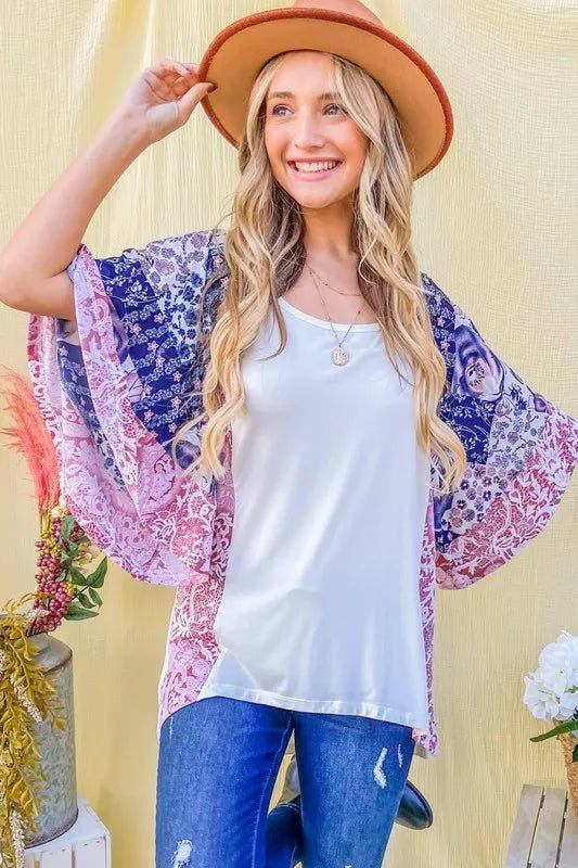 And the Why - Patchwork Print Kimono Sleeve Top in Navy & Rose Pink