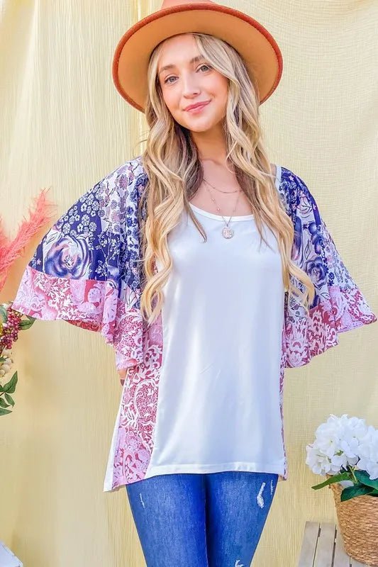 And the Why - Patchwork Print Kimono Sleeve Top in Navy & Rose Pink