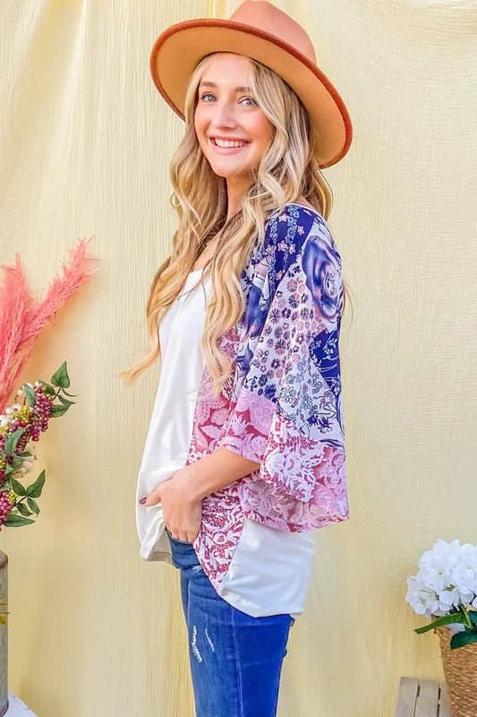 And the Why - Patchwork Print Kimono Sleeve Top in Navy & Rose Pink