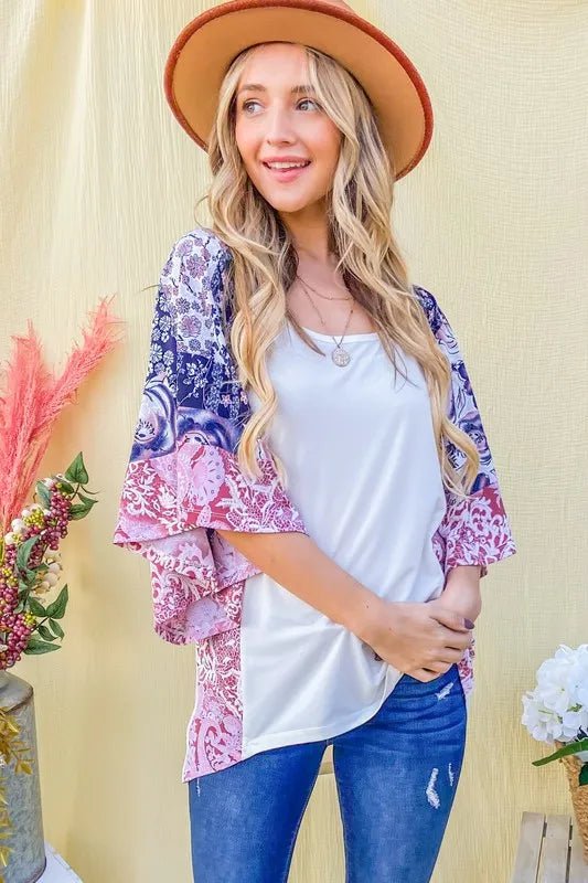 And the Why - Patchwork Print Kimono Sleeve Top in Navy & Rose Pink