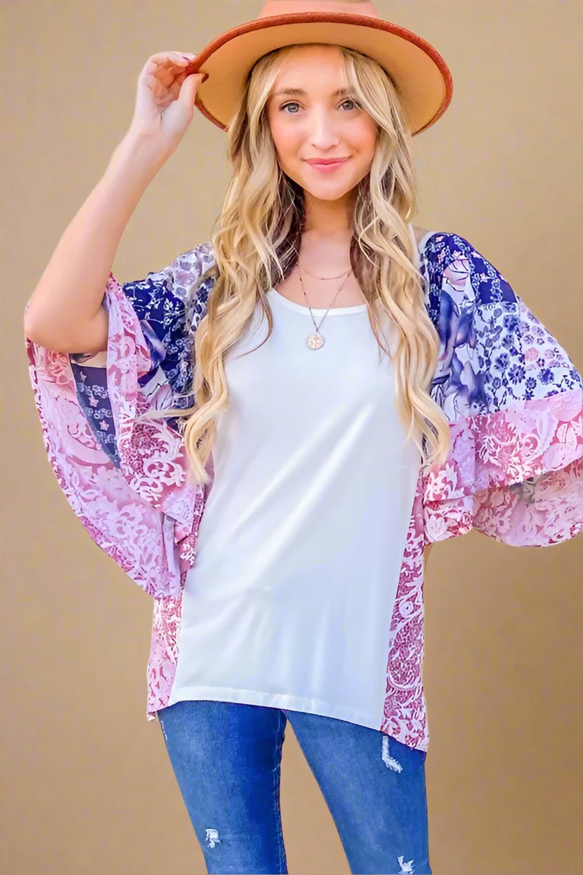 And the Why - Patchwork Print Kimono Sleeve Top in Navy & Rose Pink