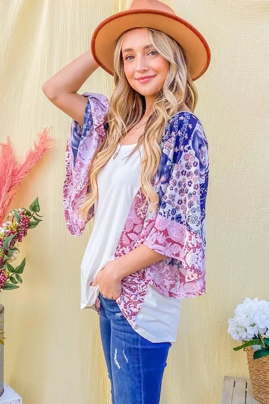 And the Why - Patchwork Print Kimono Sleeve Top in Navy & Rose Pink