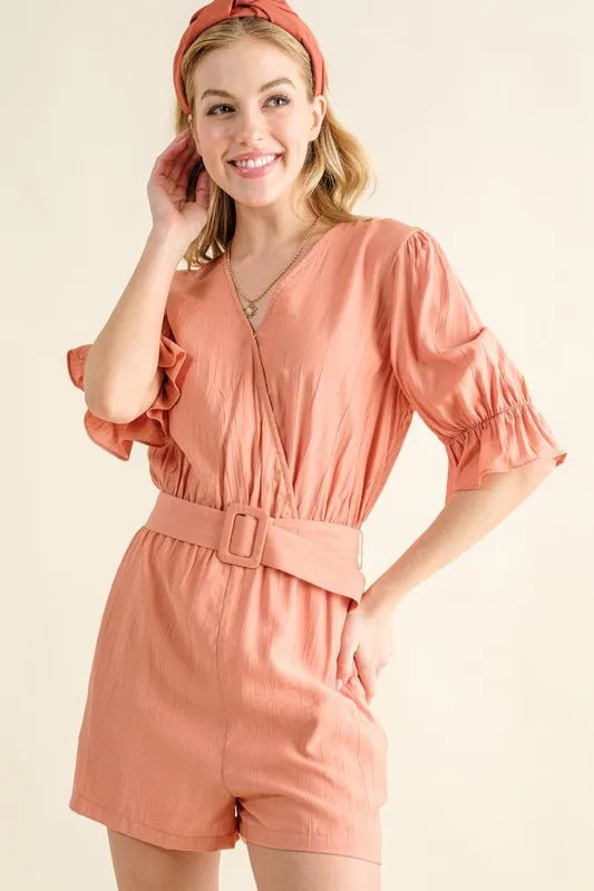 And the Why - Peach Belted Puff Sleeve Romper